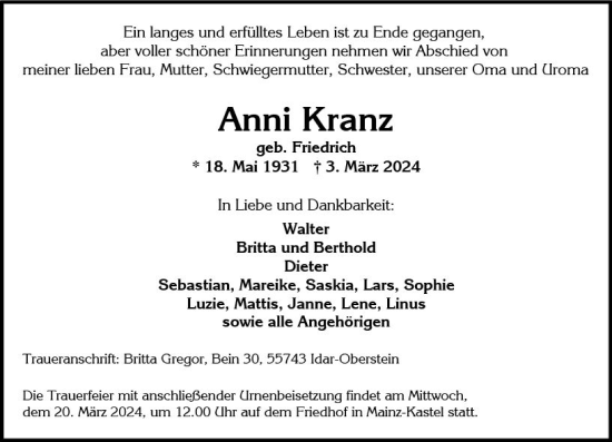 Traueranzeige von Anni Kranz von Wiesbadener Kurier