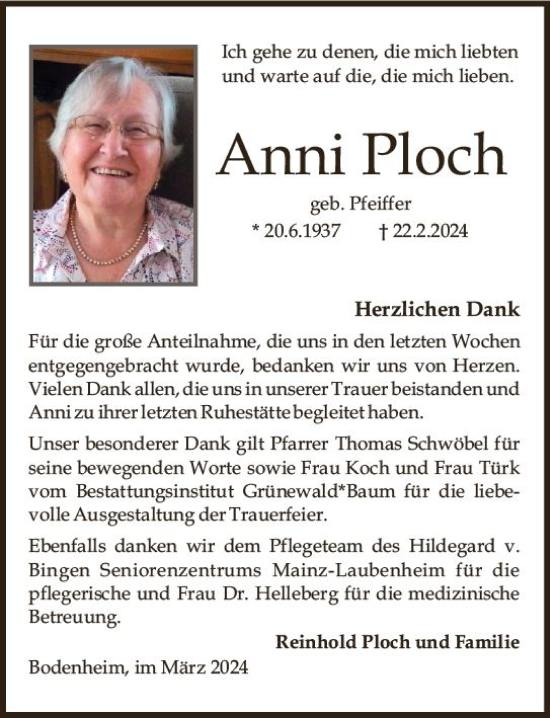 Traueranzeige von Anni Ploch von Allgemeine Zeitung Mainz
