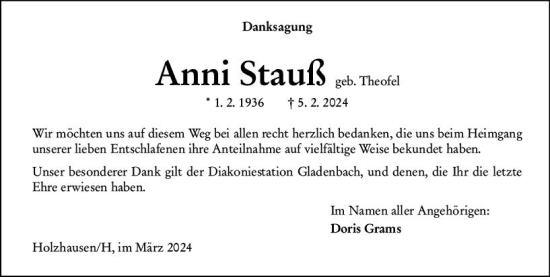 Traueranzeige von Anni Stauß von Hinterländer Anzeiger