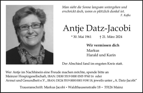 Traueranzeige von Antje Datz-Jacobi von Allgemeine Zeitung Mainz