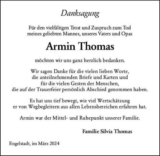Traueranzeige von Armin Thomas von Allgemeine Zeitung Bingen/Ingelheim