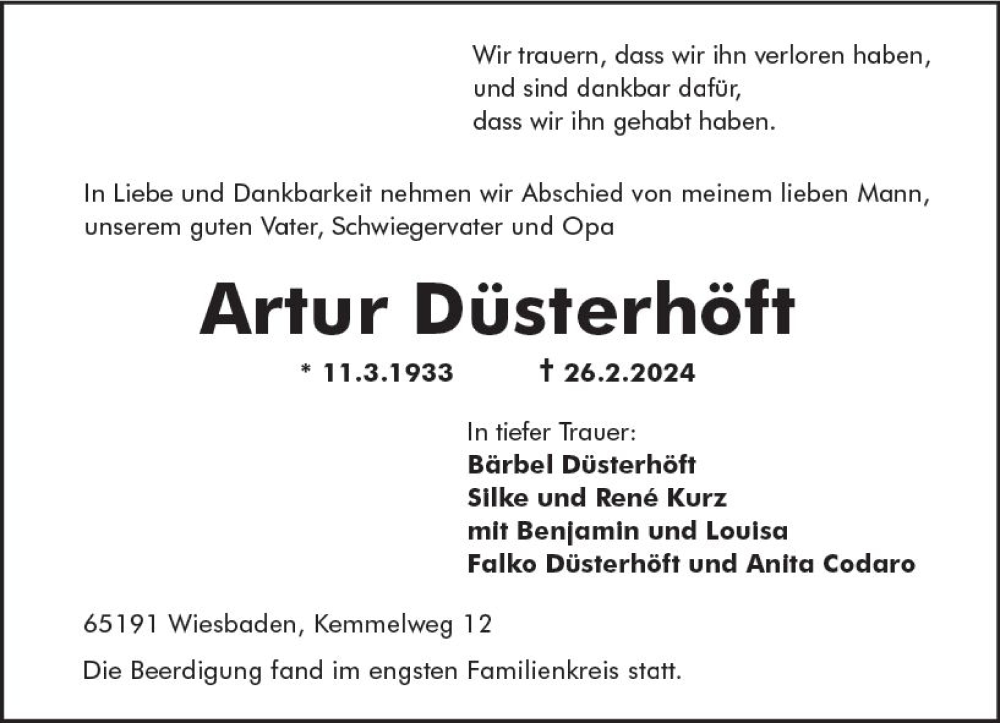  Traueranzeige für Artur Düsterhöft vom 09.03.2024 aus Wiesbadener Kurier