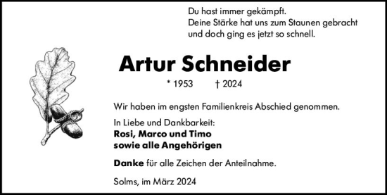 Traueranzeige von Artur Schneider von Wetzlarer Neue Zeitung