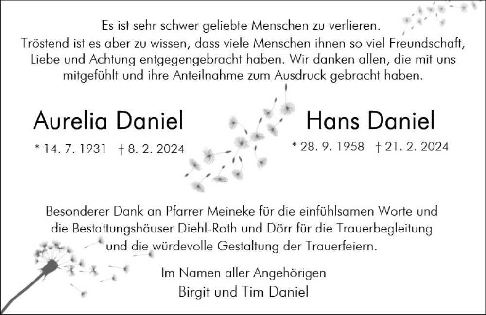  Traueranzeige für Aurelia Daniel vom 27.03.2024 aus Wetzlarer Neue Zeitung
