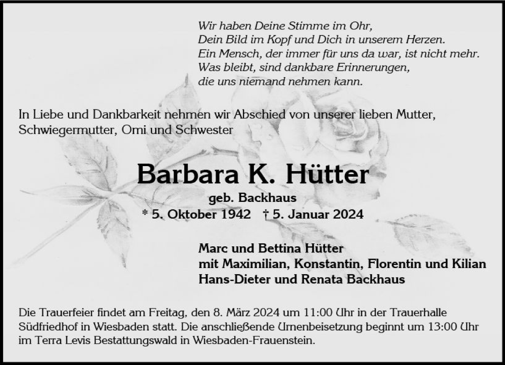  Traueranzeige für Barbara Hütter vom 02.03.2024 aus Wiesbadener Kurier