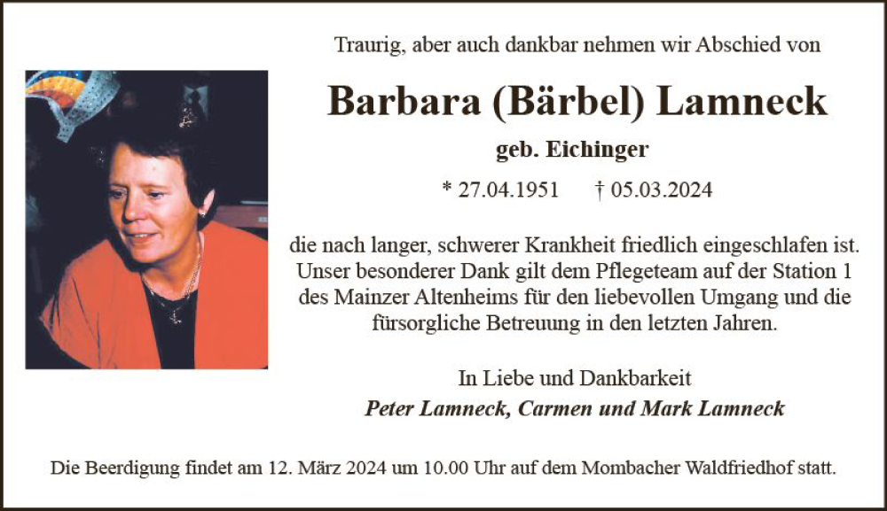  Traueranzeige für Barbara Lamneck vom 09.03.2024 aus Allgemeine Zeitung Mainz