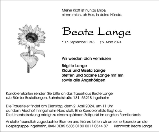 Traueranzeige von Beate Lange von Allgemeine Zeitung Bingen/Ingelheim