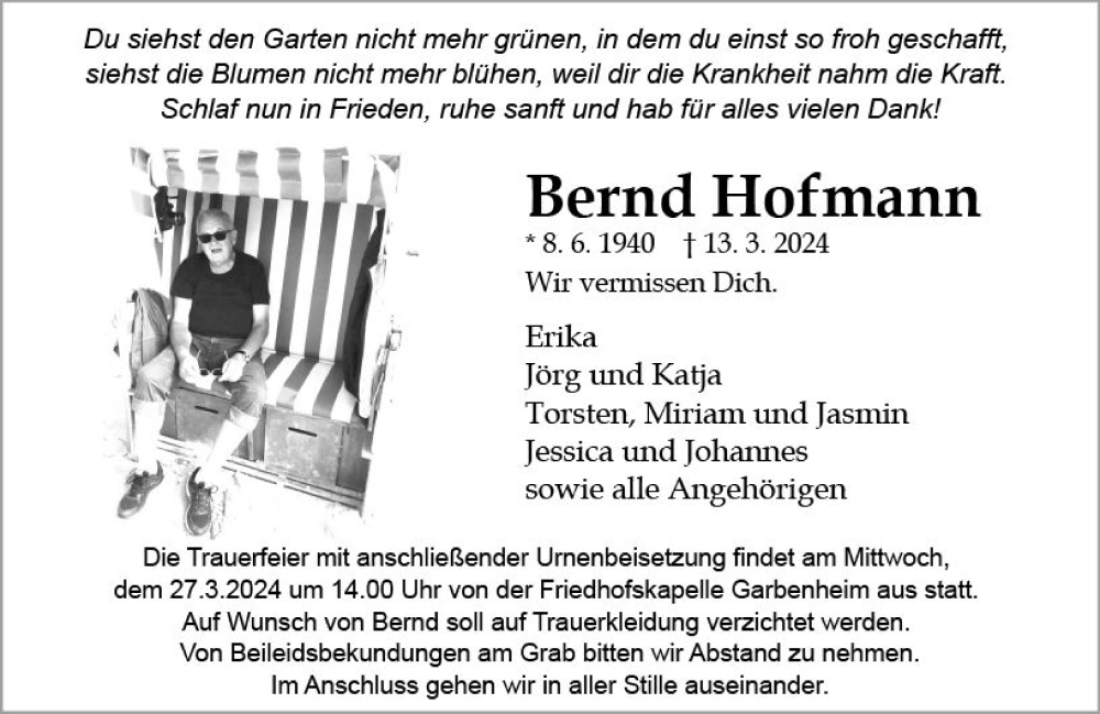  Traueranzeige für Bernd Hofmann vom 23.03.2024 aus Wetzlarer Neue Zeitung