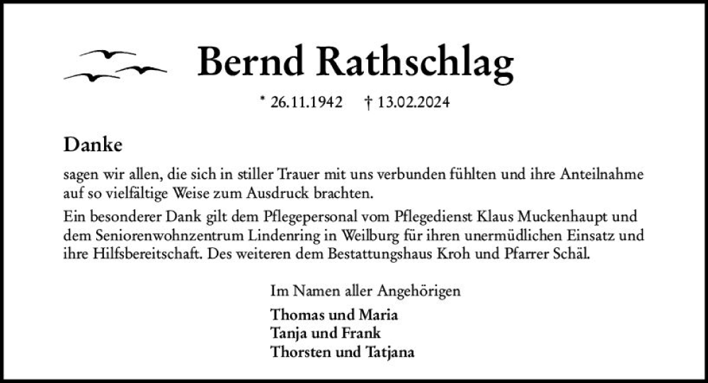  Traueranzeige für Bernd Rathschlag vom 30.03.2024 aus Weilburger Tageblatt