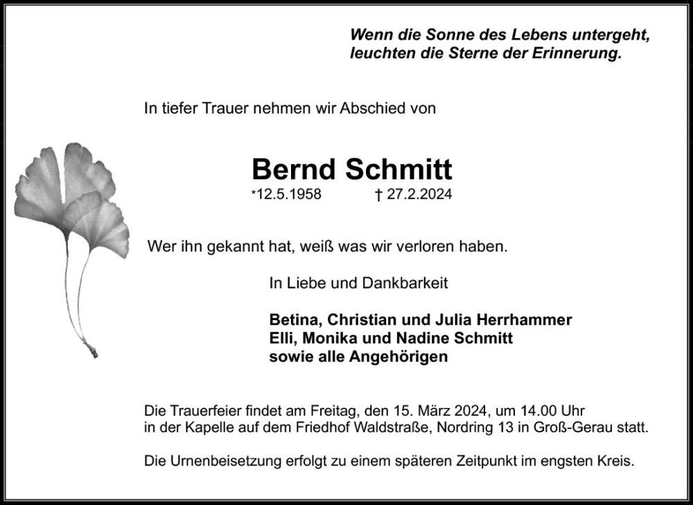  Traueranzeige für Bernd Schmitt vom 09.03.2024 aus Groß-Gerauer Echo