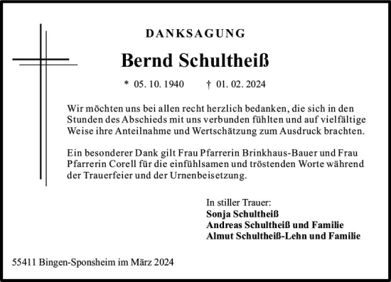 Traueranzeige von Bernd Schultheiß von Allgemeine Zeitung Bingen/Ingelheim