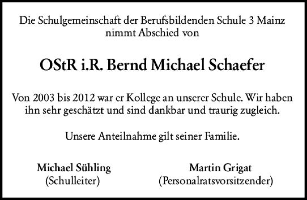  Traueranzeige für Bernd Michael Schaefer vom 16.03.2024 aus Allgemeine Zeitung Mainz