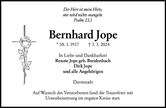 Traueranzeige von Bernhard Jope von Darmstädter Echo