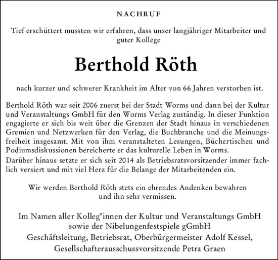 Traueranzeige von Berthold Röth von Wormser Zeitung