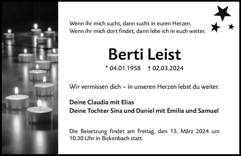  Traueranzeige für Berti Leist vom 09.03.2024 aus Binger-/Ingelheimer Wochenblatt