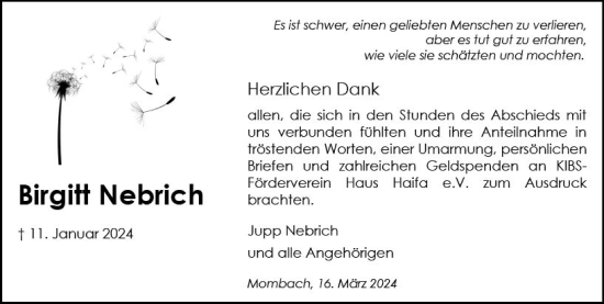 Traueranzeige von Birgitt Nebrich von Allgemeine Zeitung Mainz