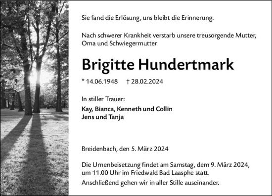 Traueranzeige von Brigitte Hundertmark von Hinterländer Anzeiger