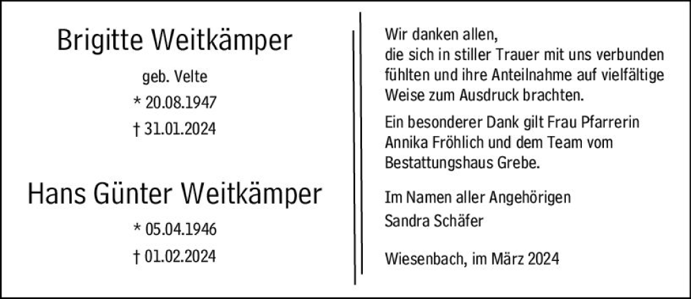  Traueranzeige für Brigitte Weitkämper vom 09.03.2024 aus Hinterländer Anzeiger