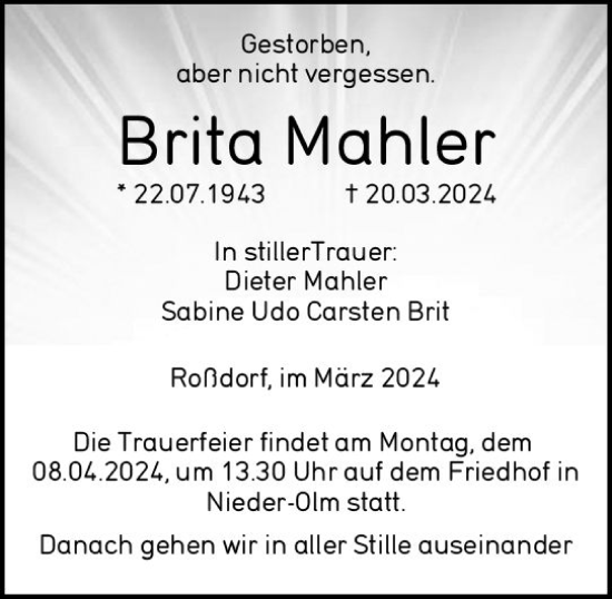 Traueranzeige von Brita Mahler von Darmstädter Echo