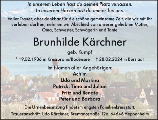 Traueranzeige von Brunhilde Kärchner von Starkenburger Echo