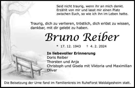 Traueranzeige von Bruno Reiber von Allgemeine Zeitung Bingen/Ingelheim