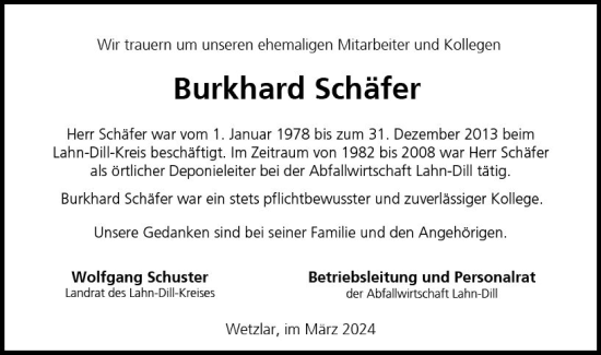 Traueranzeige von Burkhard Schäfer von Dill Block