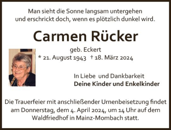 Traueranzeige von Carmen Rücker von Allgemeine Zeitung Mainz