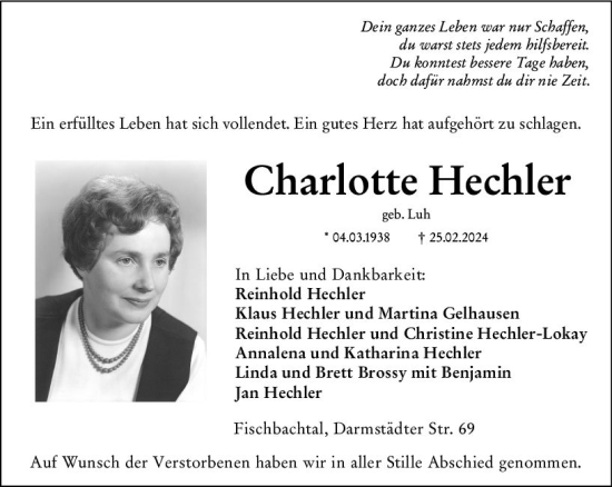 Traueranzeige von Charlotte Hechler von Darmstädter Echo