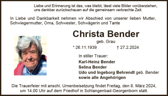 Traueranzeige von Christa Bender von Wiesbadener Kurier