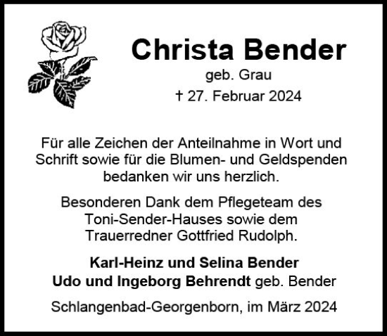 Traueranzeige von Christa Bender von Wiesbadener Kurier