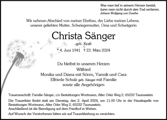 Traueranzeige von Christa Sänger von Wiesbadener Kurier