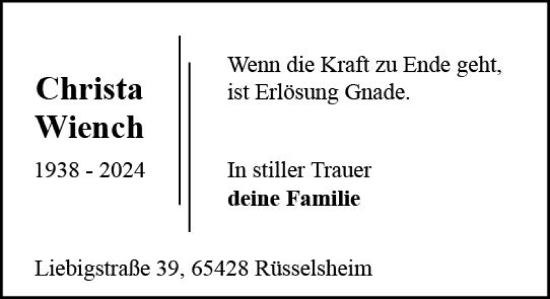 Traueranzeige von Christa Wiench von Rüsselsheimer Echo