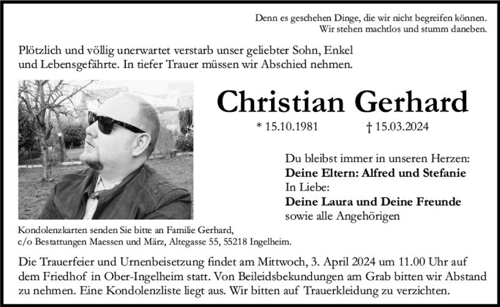  Traueranzeige für Christian Gerhard vom 23.03.2024 aus Allgemeine Zeitung Bingen/Ingelheim