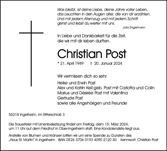 Traueranzeige von Christian Post von Allgemeine Zeitung Bingen/Ingelheim