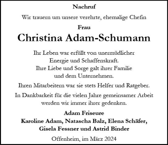 Traueranzeige von Christina Adam-Schumann von Allgemeine Zeitung Alzey