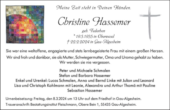 Traueranzeige von Christine Hassemer von Allgemeine Zeitung Bingen/Ingelheim
