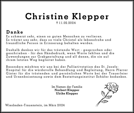 Traueranzeige von Christine Klepper von Wiesbadener Kurier
