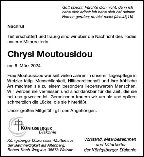 Traueranzeige von Chrysi Moutousidou von Wetzlarer Neue Zeitung