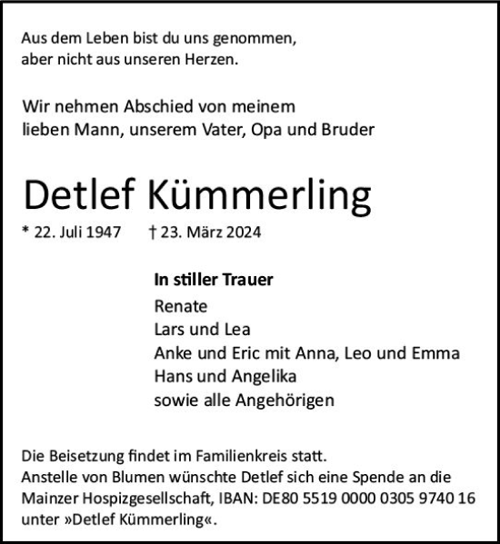 Traueranzeige von Detlef Kümmerling von Allgemeine Zeitung Mainz
