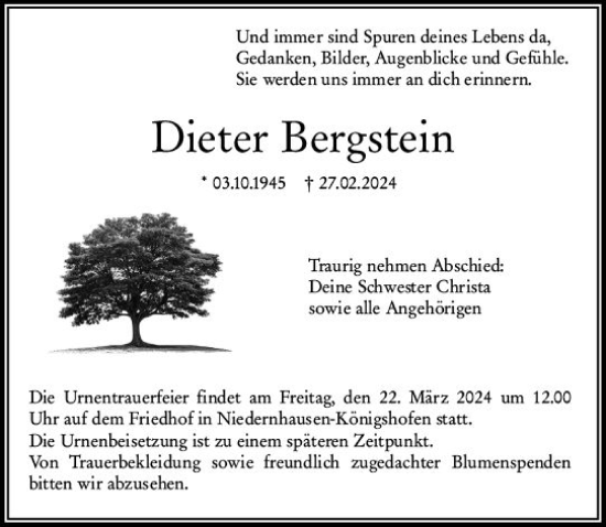 Traueranzeige von Dieter Bergstein von Wiesbadener Kurier