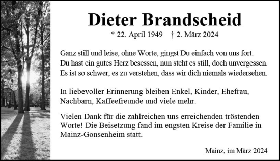 Traueranzeige von Dieter Brandscheid von Allgemeine Zeitung Mainz