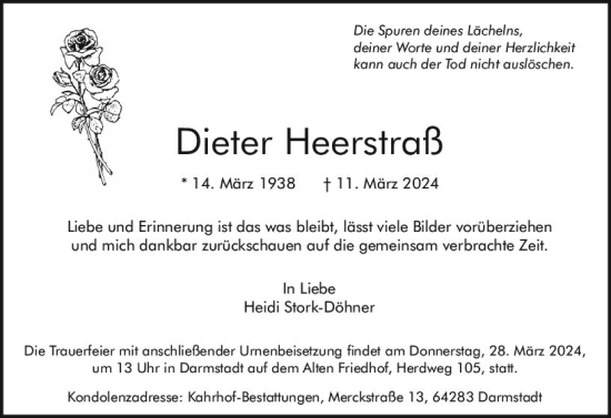 Traueranzeige von Dieter Heerstraß von Darmstädter Echo