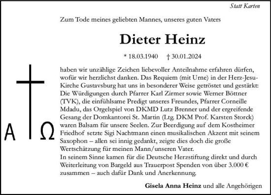 Traueranzeige von Dieter Heinz von Allgemeine Zeitung Mainz