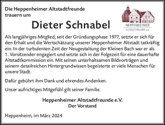 Traueranzeige von Dieter Schnabel von Starkenburger Echo