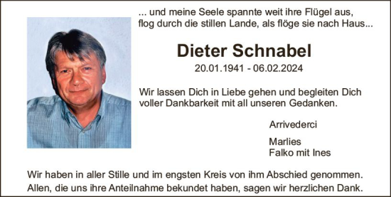 Traueranzeige von Dieter Schnabel von Starkenburger Echo