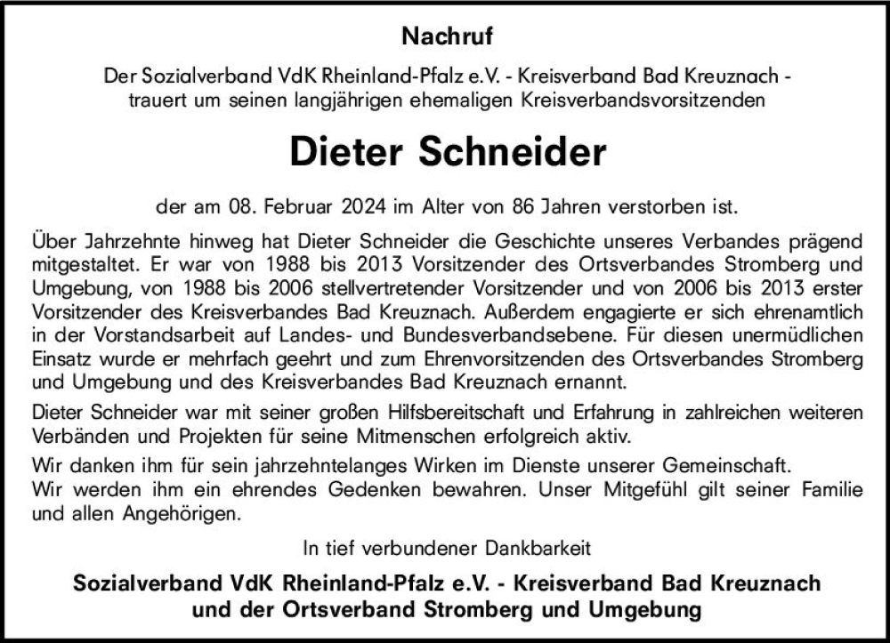  Traueranzeige für Dieter Schneider vom 09.03.2024 aus Allgemeine Zeitung Bad Kreuznach