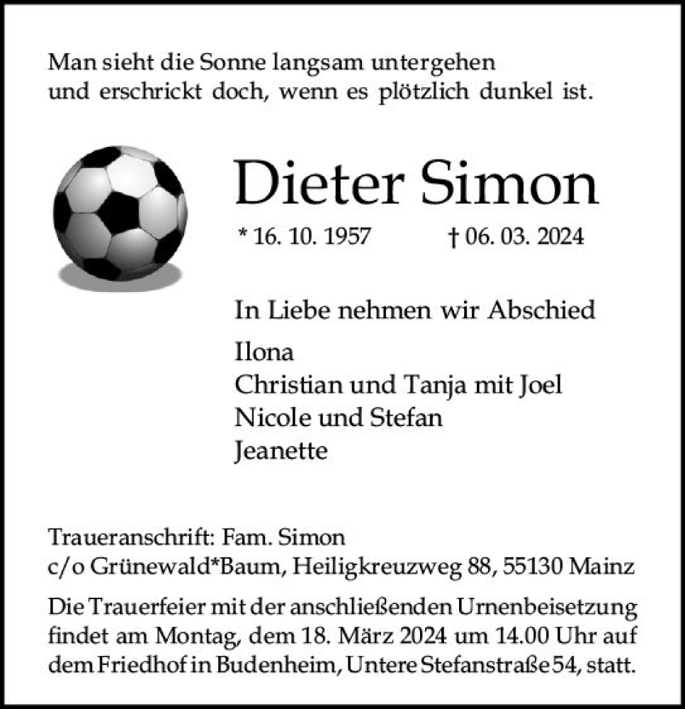  Traueranzeige für Dieter Simon vom 13.03.2024 aus Allgemeine Zeitung Mainz