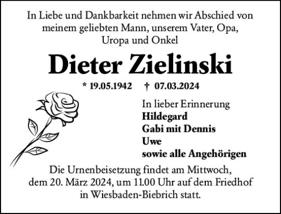 Traueranzeige von Dieter Zielinski von Wiesbadener Kurier