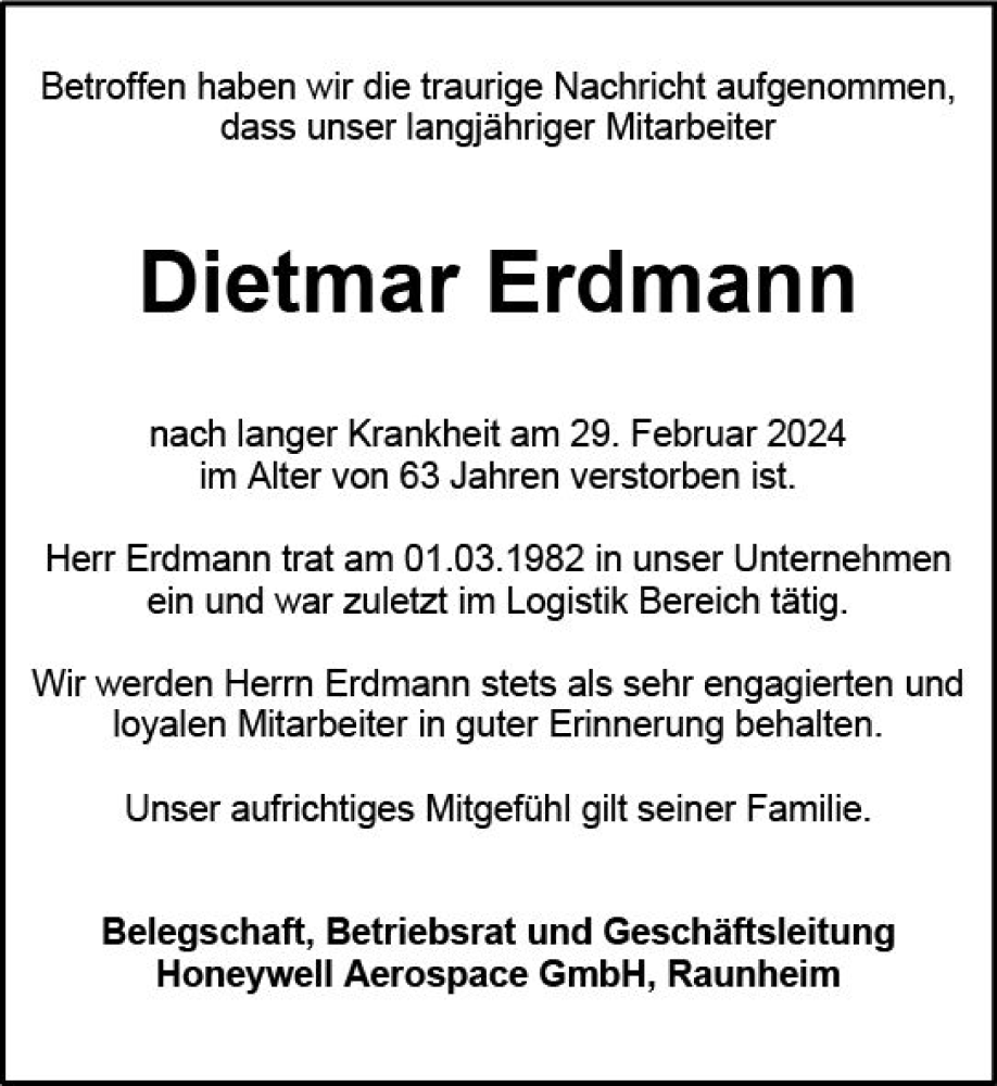  Traueranzeige für Dietmar Erdmann vom 09.03.2024 aus Rüsselsheimer Echo