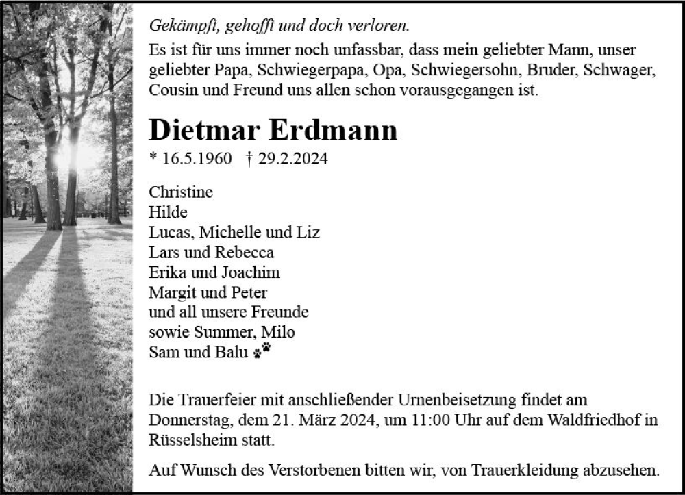  Traueranzeige für Dietmar Erdmann vom 09.03.2024 aus Rüsselsheimer Echo